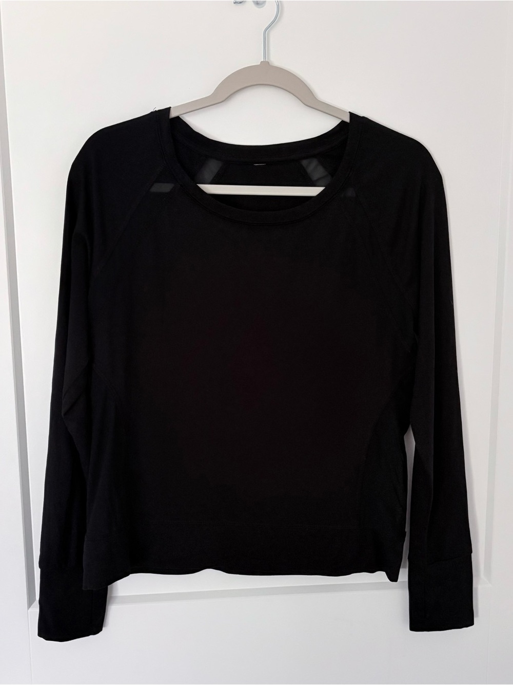 Marika Black Long Sleeve Crewneck Top With Mesh Cutouts